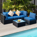 5 Pieces Cushioned Patio Rattan Furniture Set with Glass Table-Navy - Navy - Outdoor Sectionals