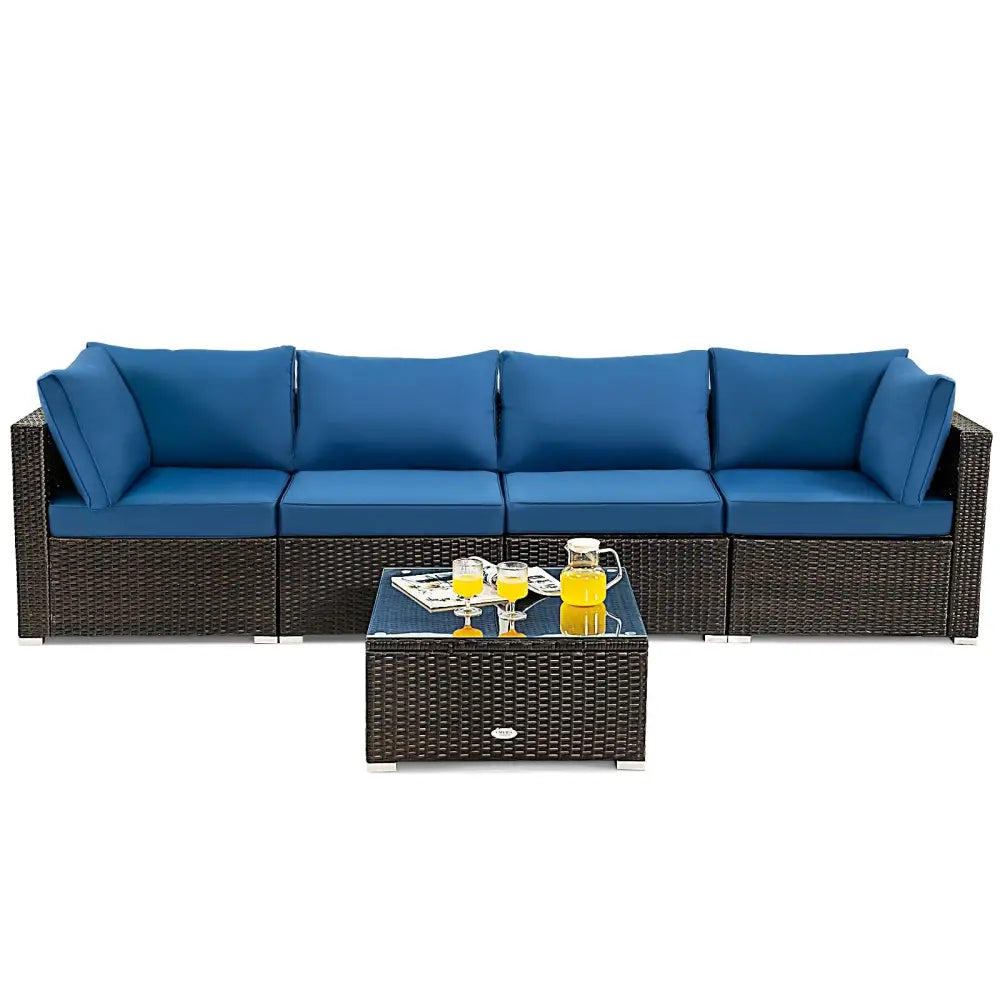 5 Pieces Cushioned Patio Rattan Furniture Set with Glass Table-Navy - Navy - Outdoor Sectionals