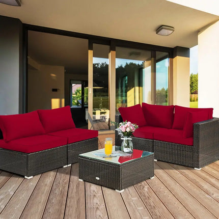 5 Pieces Cushioned Patio Rattan Furniture Set with Glass Table-Red - Red - Outdoor Sectionals