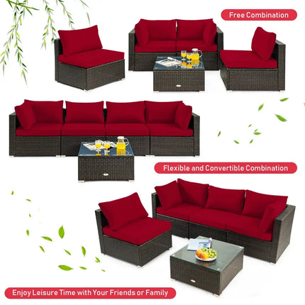 5 Pieces Cushioned Patio Rattan Furniture Set with Glass Table-Red - Red - Outdoor Sectionals