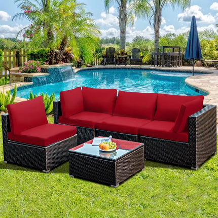 5 Pieces Cushioned Patio Rattan Furniture Set with Glass Table-Red - Red - Outdoor Sectionals