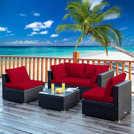 5 Pieces Cushioned Patio Rattan Furniture Set with Glass Table-Red - Red - Outdoor Sectionals