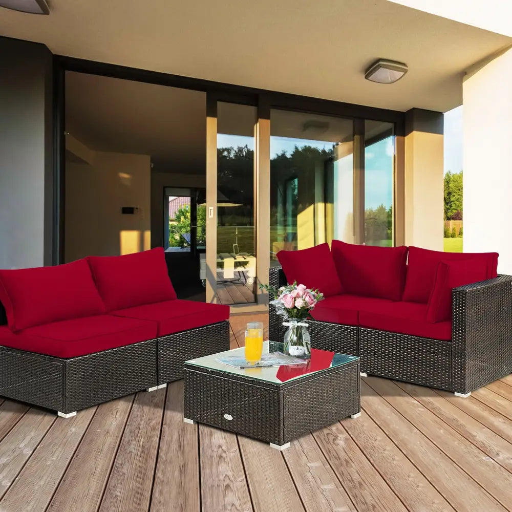 5 Pieces Cushioned Patio Rattan Furniture Set with Glass Table-Red - Red - Outdoor Sectionals