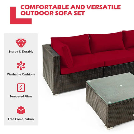 5 Pieces Cushioned Patio Rattan Furniture Set with Glass Table-Red - Red - Outdoor Sectionals