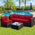5 Pieces Cushioned Patio Rattan Furniture Set with Glass Table-Red - Red - Outdoor Sectionals