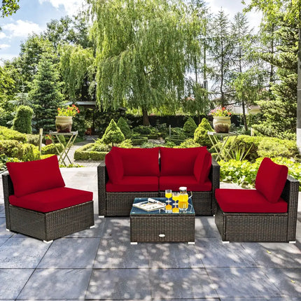 5 Pieces Cushioned Patio Rattan Furniture Set with Glass Table-Red - Red - Outdoor Sectionals