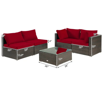 5 Pieces Cushioned Patio Rattan Furniture Set with Glass Table-Red - Red - Outdoor Sectionals