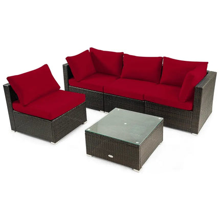 5 Pieces Cushioned Patio Rattan Furniture Set with Glass Table-Red - Red - Outdoor Sectionals