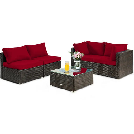 5 Pieces Cushioned Patio Rattan Furniture Set with Glass Table-Red - Red - Outdoor Sectionals