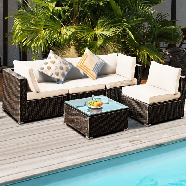 5 Pieces Cushioned Patio Rattan Furniture Set with Glass Table-White - White - Outdoor Sectionals