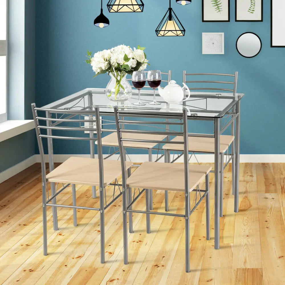 5 Pieces Dining Set Glass Table and 4 Chairs - Natural - Dining Room Sets