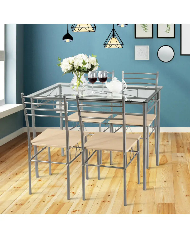 5 Pieces Dining Set Glass Table and 4 Chairs - Natural - Dining Room Sets