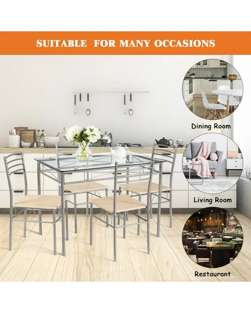 5 Pieces Dining Set Glass Table and 4 Chairs - Natural - Dining Room Sets