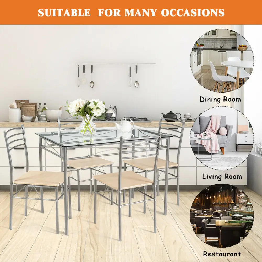 5 Pieces Dining Set Glass Table and 4 Chairs - Natural - Dining Room Sets