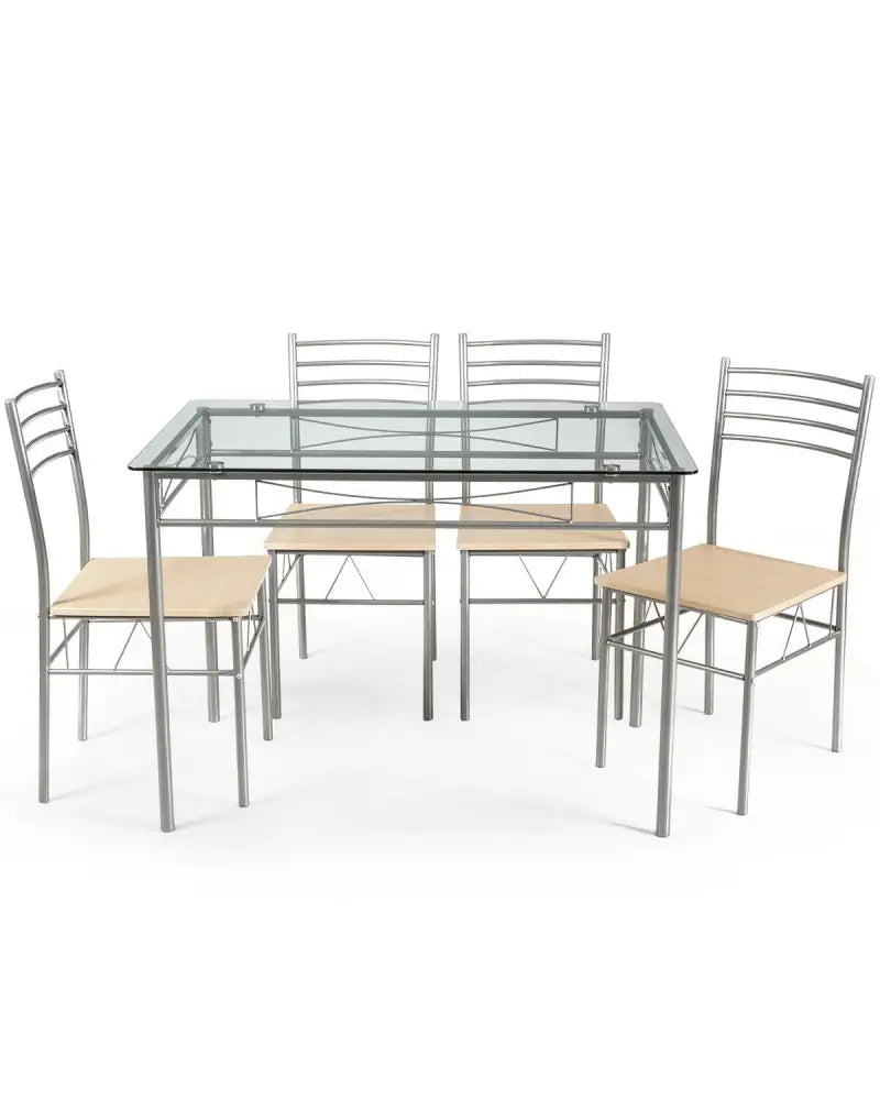 5 Pieces Dining Set Glass Table and 4 Chairs - Natural - Dining Room Sets