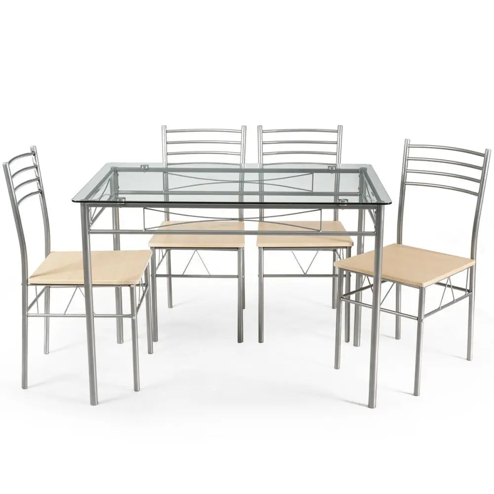 5 Pieces Dining Set Glass Table and 4 Chairs - Natural - Dining Room Sets