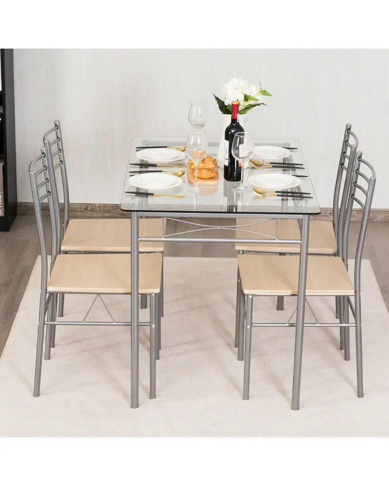5 Pieces Dining Set Glass Table and 4 Chairs - Natural - Dining Room Sets