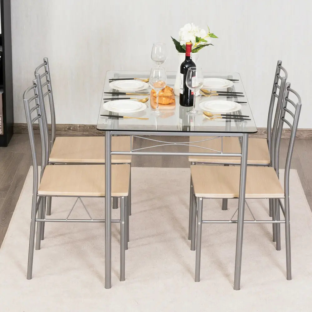 5 Pieces Dining Set Glass Table and 4 Chairs - Natural - Dining Room Sets