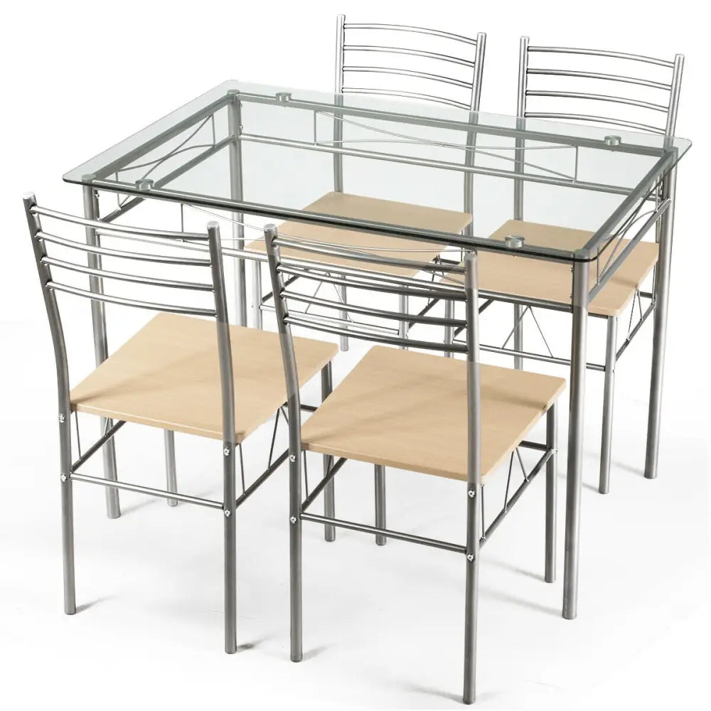 5 Pieces Dining Set Glass Table and 4 Chairs - Natural - Dining Room Sets