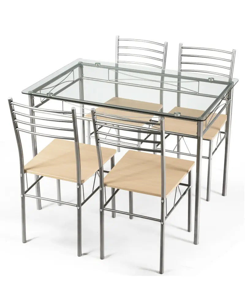 5 Pieces Dining Set Glass Table and 4 Chairs - Natural - Dining Room Sets
