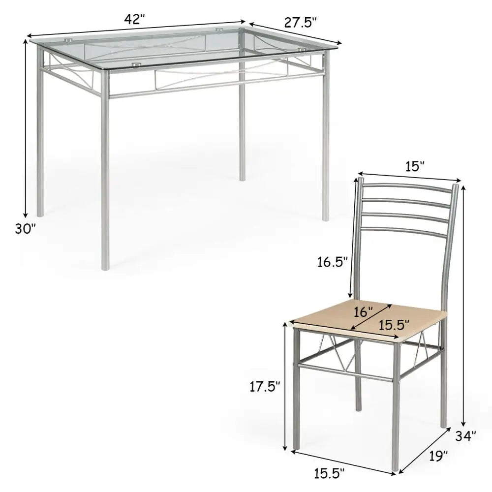5 Pieces Dining Set Glass Table and 4 Chairs - Natural - Dining Room Sets