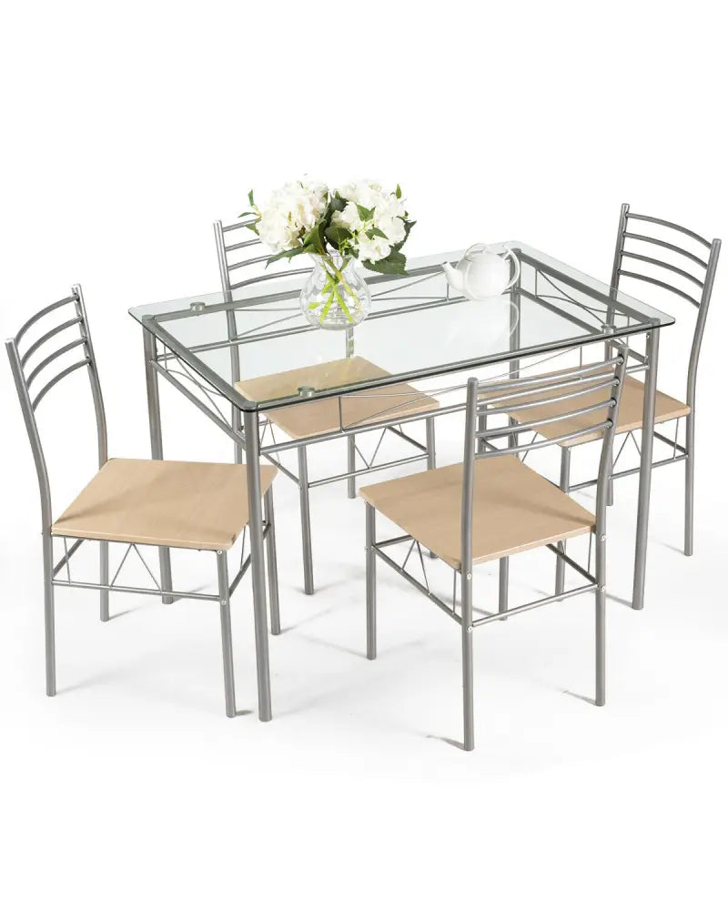 5 Pieces Dining Set Glass Table and 4 Chairs - Natural - Dining Room Sets