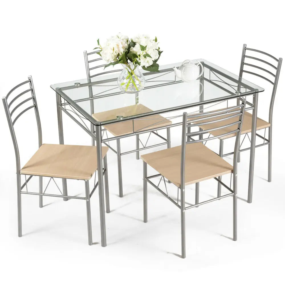 5 Pieces Dining Set Glass Table and 4 Chairs - Natural - Dining Room Sets