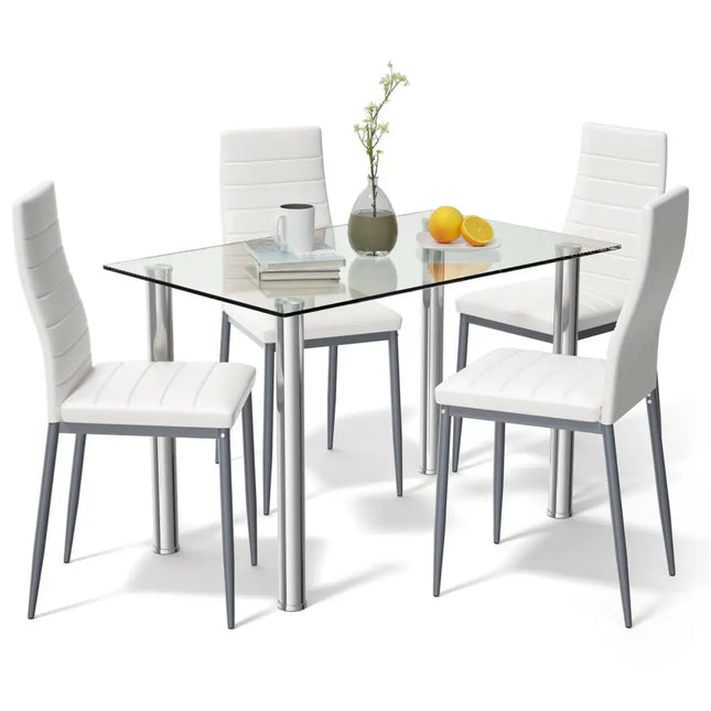 5 Pieces Dining Set with 4 PVC Leather Chairs - White - Dining Room Sets