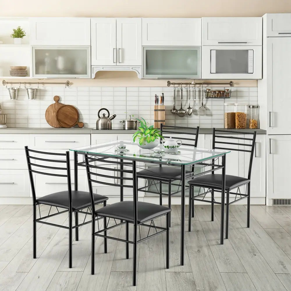 5 Pieces Dining Set with Tempered Glass Top Table and 4 Upholstered Chairs - Black - Dining Room Sets