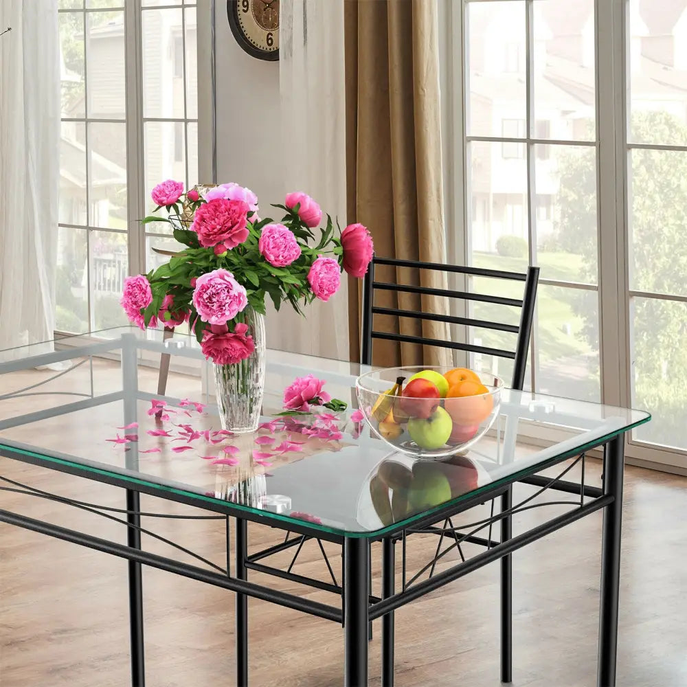 5 Pieces Dining Set with Tempered Glass Top Table and 4 Upholstered Chairs - Black - Dining Room Sets