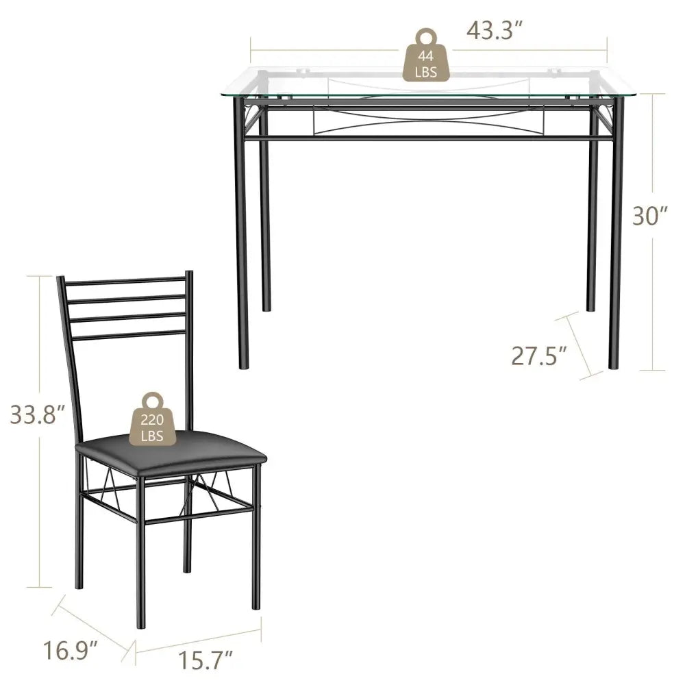 5 Pieces Dining Set with Tempered Glass Top Table and 4 Upholstered Chairs - Black - Dining Room Sets