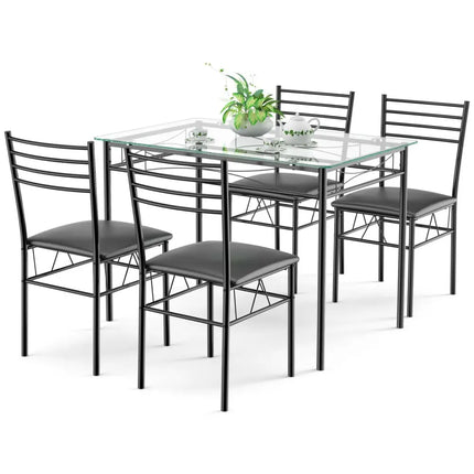 5 Pieces Dining Set with Tempered Glass Top Table and 4 Upholstered Chairs Costway