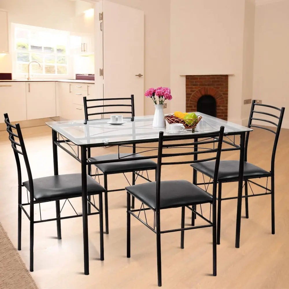 5 Pieces Dining Set with Tempered Glass Top Table and 4 Upholstered Chairs - Black - Dining Room Sets
