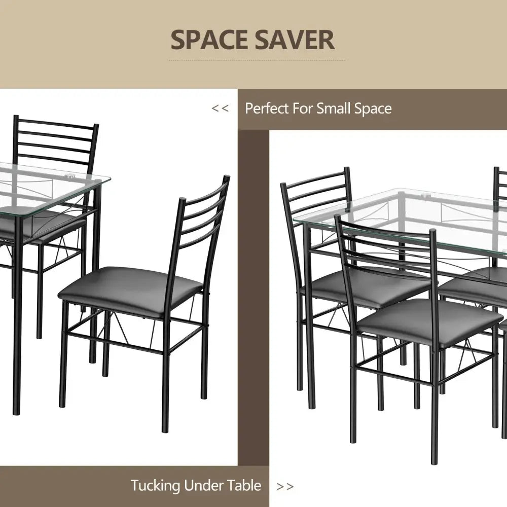 5 Pieces Dining Set with Tempered Glass Top Table and 4 Upholstered Chairs - Black - Dining Room Sets