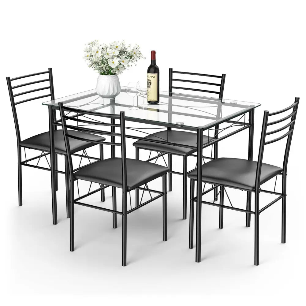 5 Pieces Dining Set with Tempered Glass Top Table and 4 Upholstered Chairs - Black - Dining Room Sets