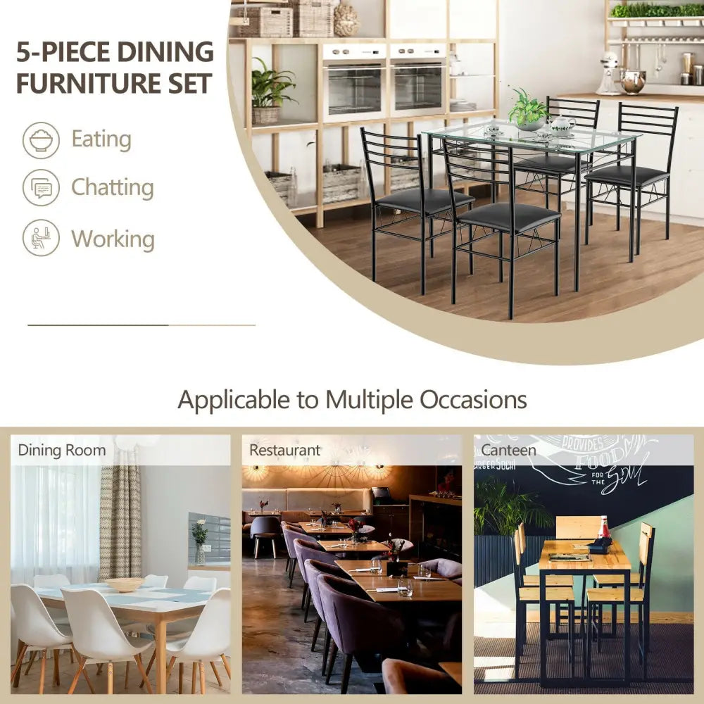 5 Pieces Dining Set with Tempered Glass Top Table and 4 Upholstered Chairs - Black - Dining Room Sets