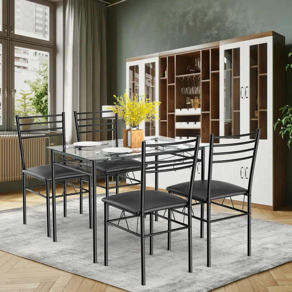 5 Pieces Dining Set with Tempered Glass Top Table and 4 Upholstered Chairs - Black - Dining Room Sets