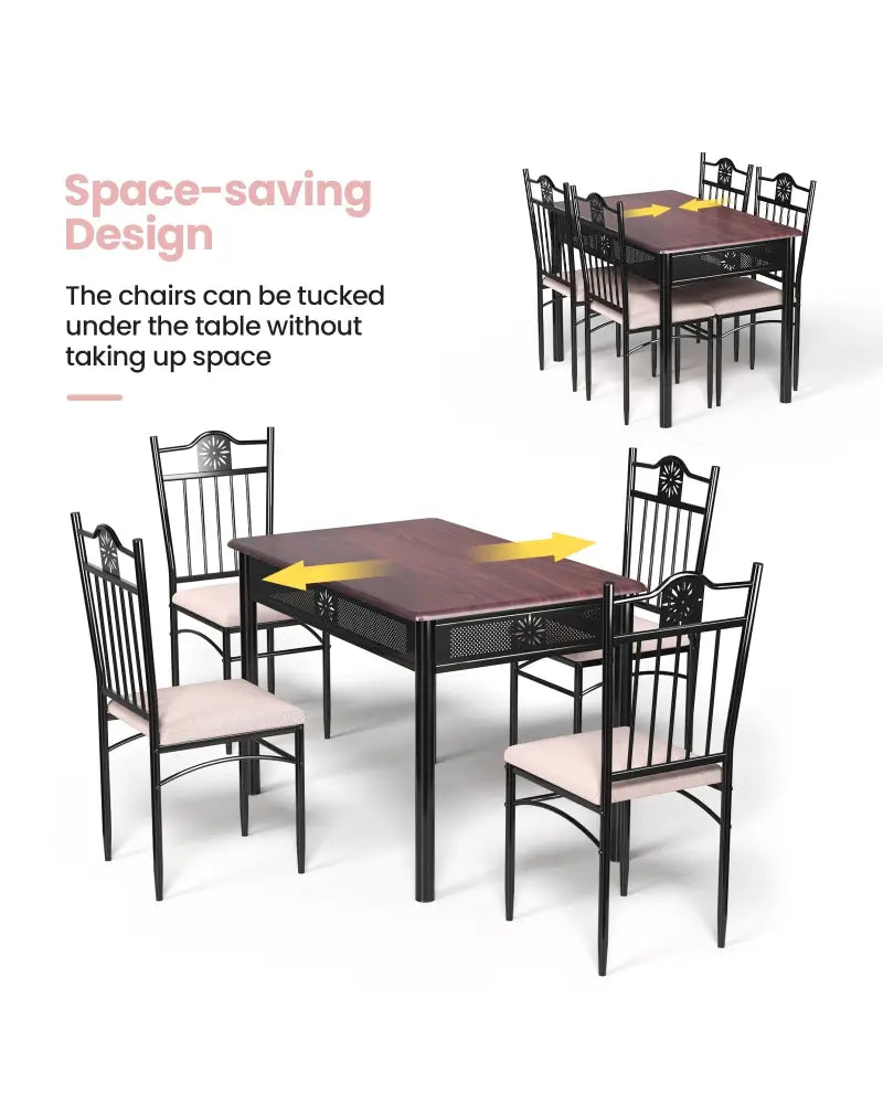 5 Pieces Dining Set Wood Metal Table and 4 Chairs with Cushions - Beige - Dining Room Sets