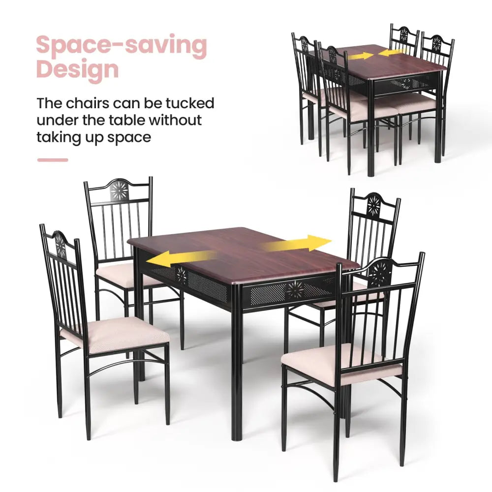 5 Pieces Dining Set Wood Metal Table and 4 Chairs with Cushions - Beige - Dining Room Sets