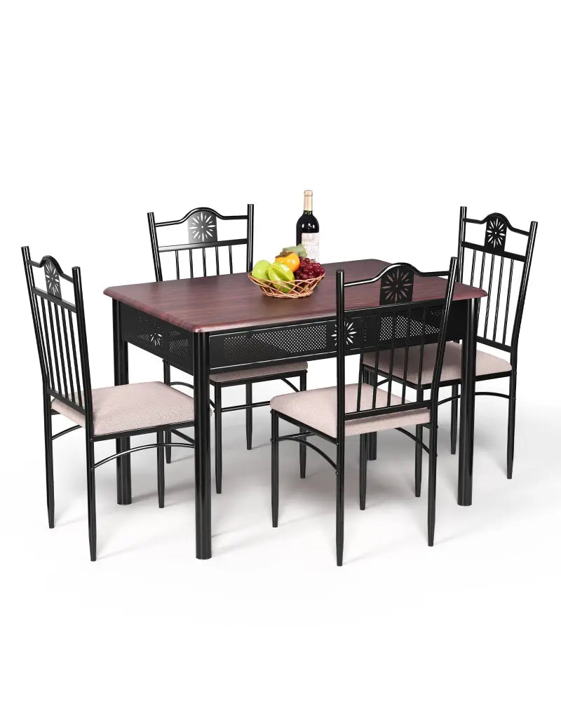 5 Pieces Dining Set Wood Metal Table and 4 Chairs with Cushions - Beige - Dining Room Sets