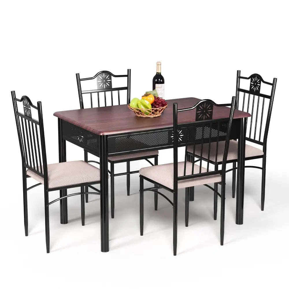 5 Pieces Dining Set Wood Metal Table and 4 Chairs with Cushions - Beige - Dining Room Sets