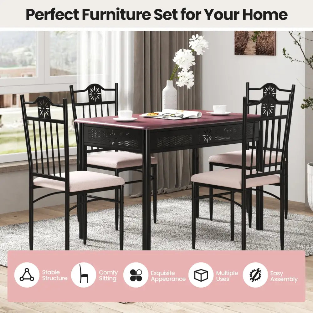 5 Pieces Dining Set Wood Metal Table and 4 Chairs with Cushions - Beige - Dining Room Sets