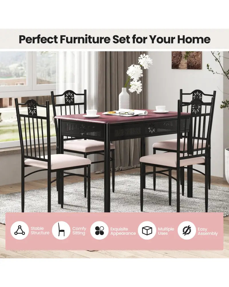 5 Pieces Dining Set Wood Metal Table and 4 Chairs with Cushions - Beige - Dining Room Sets