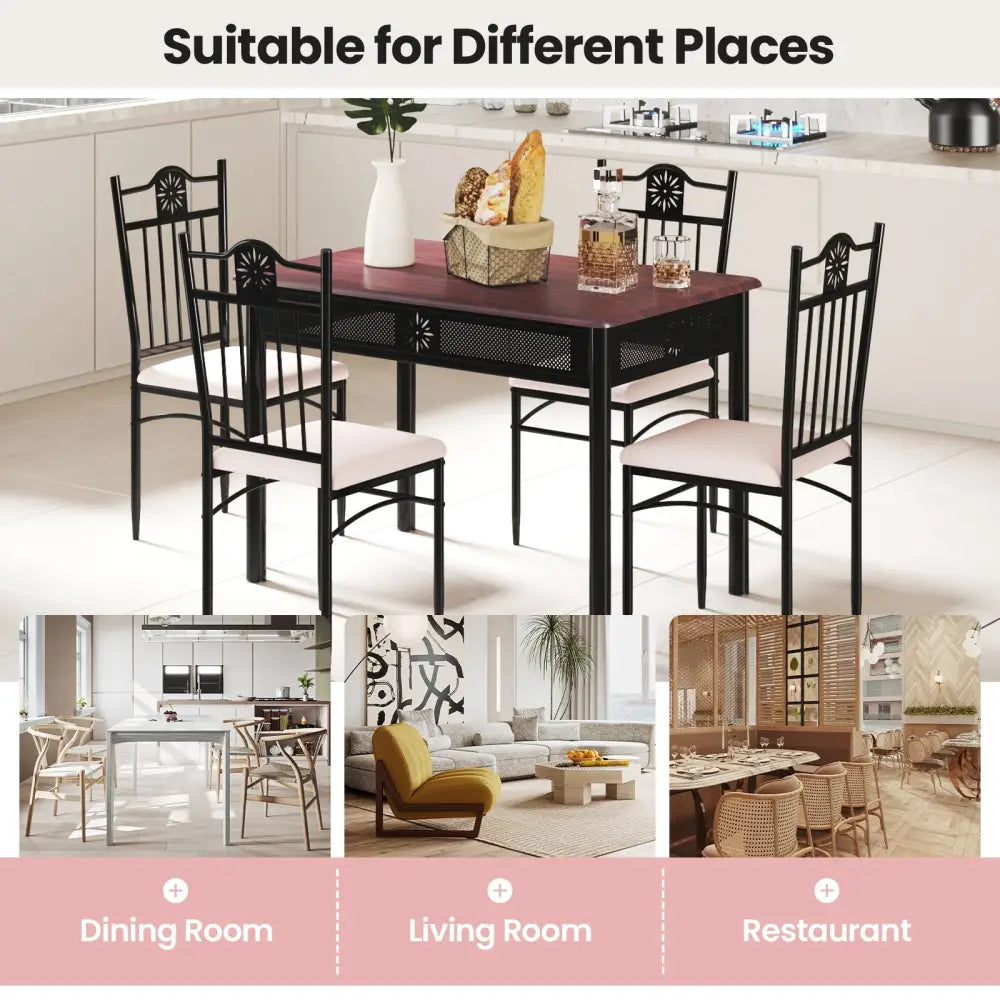 5 Pieces Dining Set Wood Metal Table and 4 Chairs with Cushions - Beige - Dining Room Sets