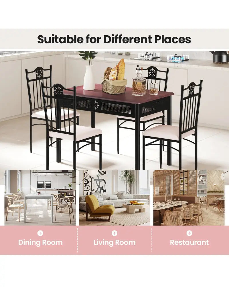 5 Pieces Dining Set Wood Metal Table and 4 Chairs with Cushions - Beige - Dining Room Sets