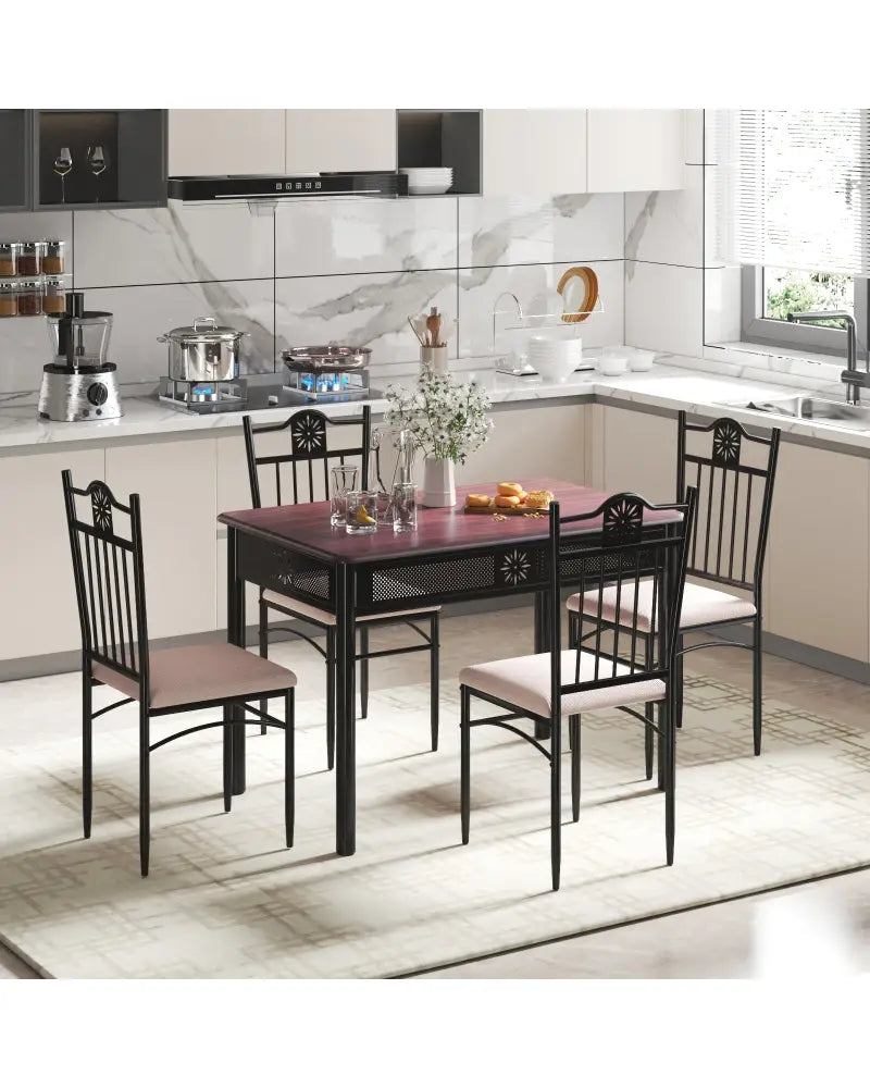 5 Pieces Dining Set Wood Metal Table and 4 Chairs with Cushions - Beige - Dining Room Sets