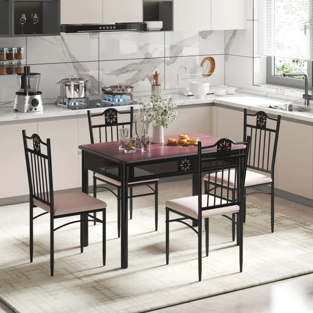 5 Pieces Dining Set Wood Metal Table and 4 Chairs with Cushions - Beige - Dining Room Sets