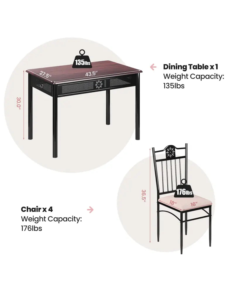 5 Pieces Dining Set Wood Metal Table and 4 Chairs with Cushions - Beige - Dining Room Sets