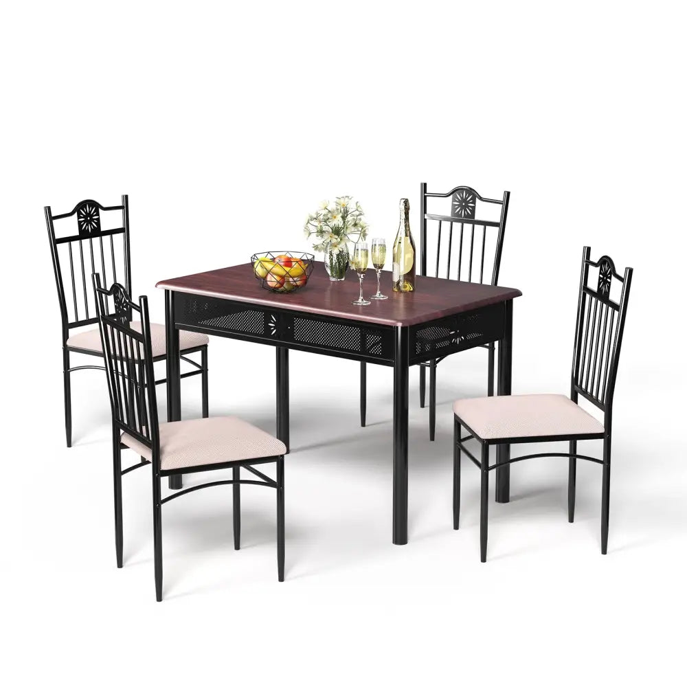 5 Pieces Dining Set Wood Metal Table and 4 Chairs with Cushions - Beige - Dining Room Sets