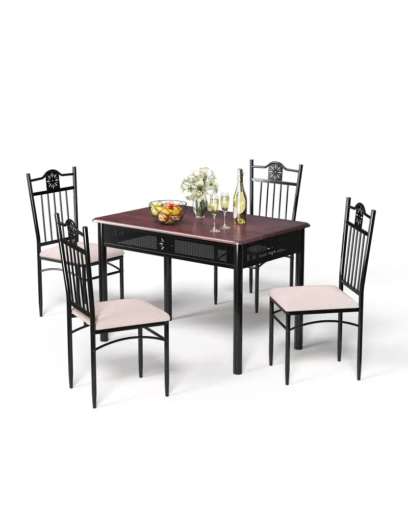 5 Pieces Dining Set Wood Metal Table and 4 Chairs with Cushions - Beige - Dining Room Sets